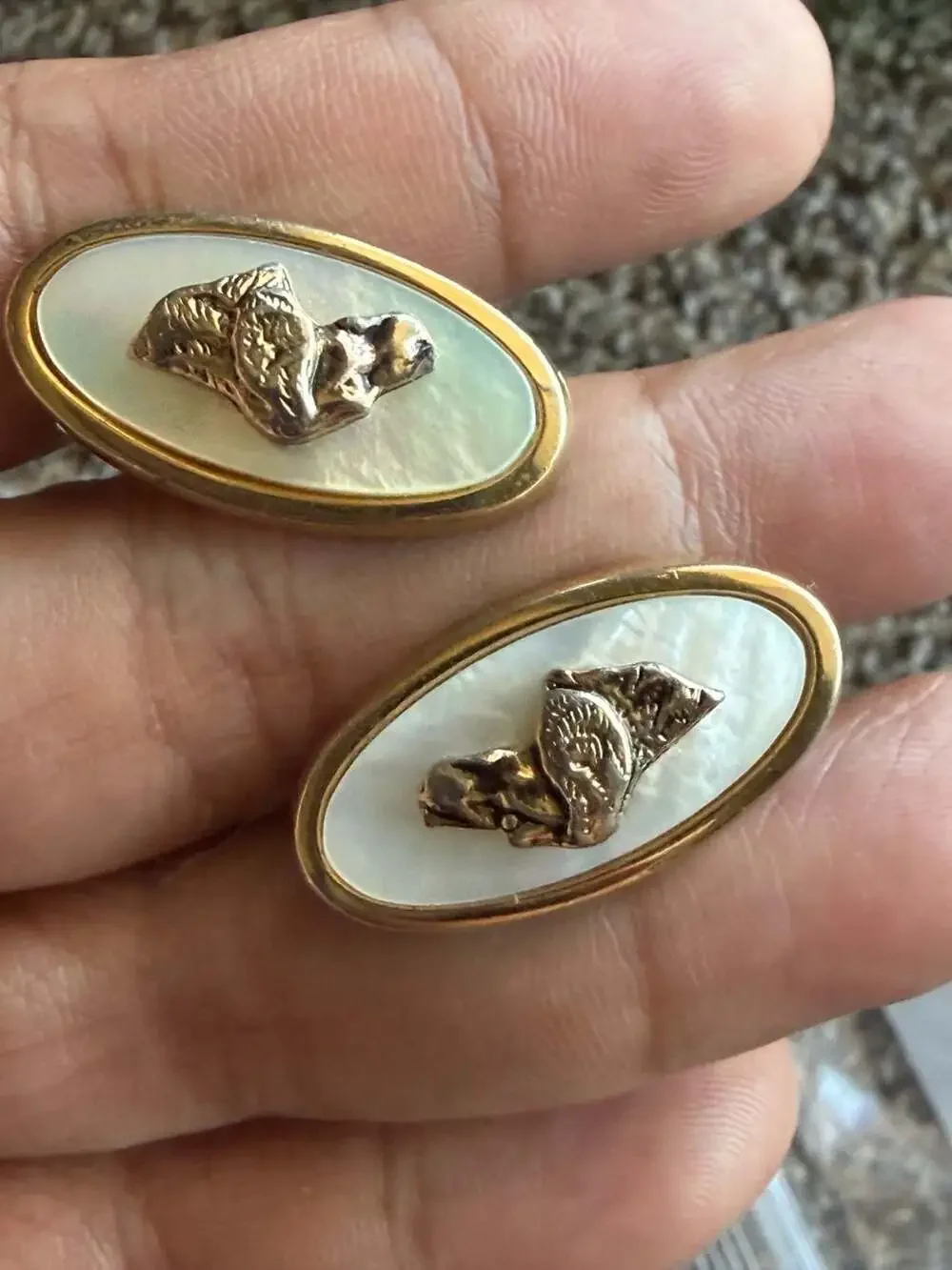 Vintage Anson Gold Tone Oval Cufflinks with Mother of Pearl and Raised Bird Deta